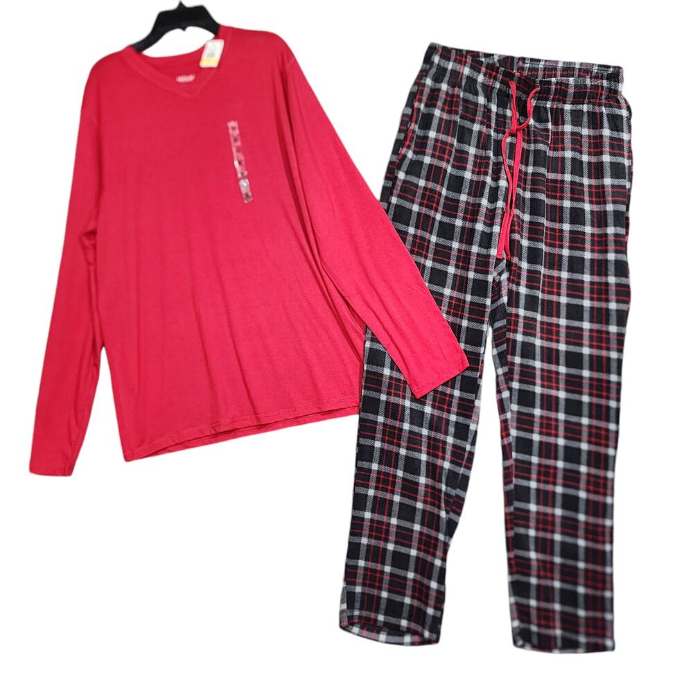 Cuddl Duds Pajama Set Long Sleeve V Neck T-Shirt Fleece‎ Pants Red Black Plaid
